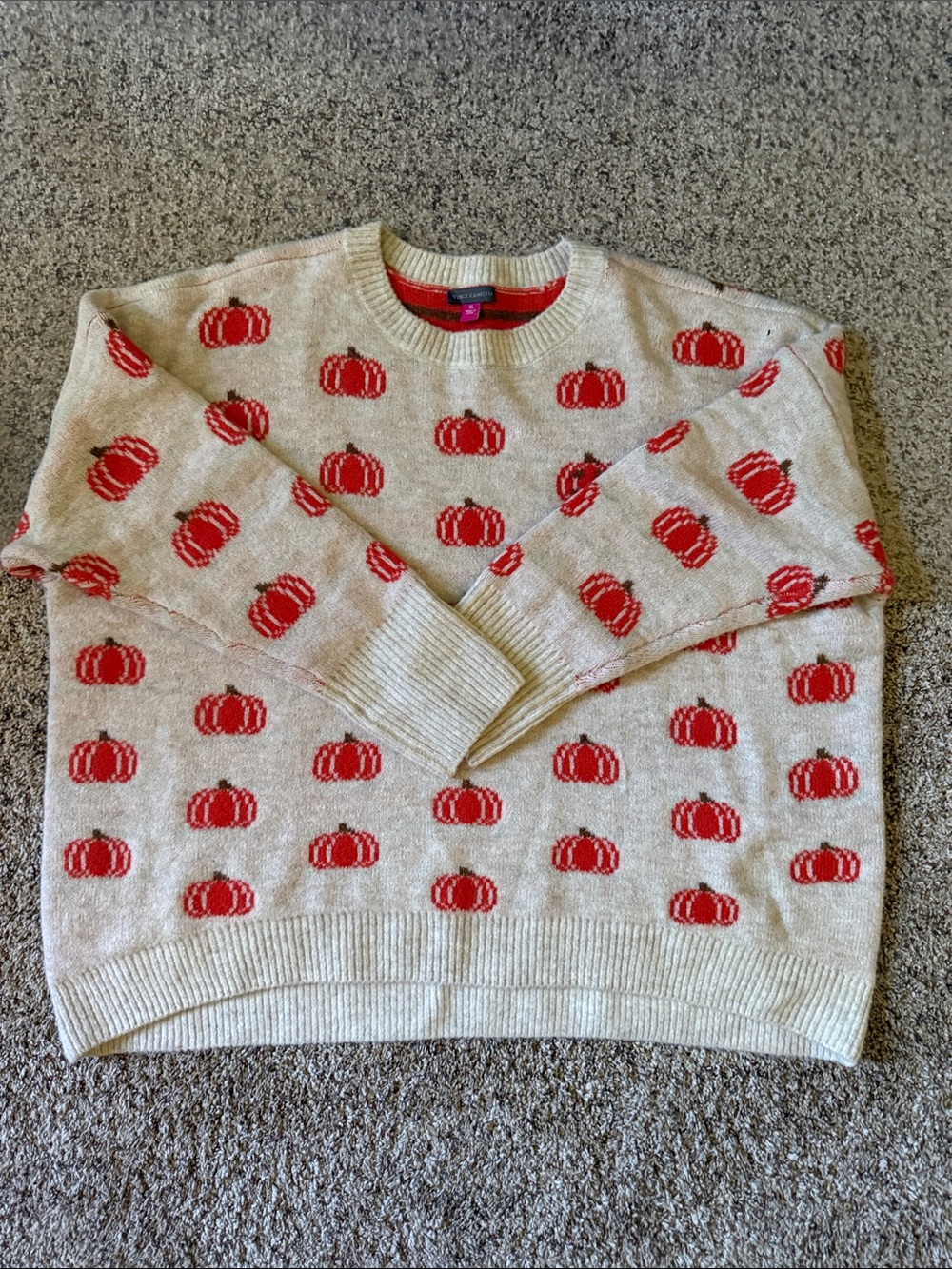 Vince Camuto Cream Crewneck Sweater with Orange Pumpkin Pattern